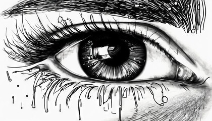 An emotive black and white sketch of a detailed human eye, with tear-like drips descending from the lashes. The intensity of the gaze is palpable, capturing a moment of sorrow or deep emotion. - obrazy, fototapety, plakaty