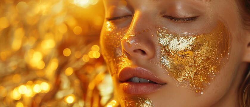 Gold Serum Elixir  A luxurious, golden elixir cascading over a woman s face, leaving behind a radiant and rejuvenated complexion
