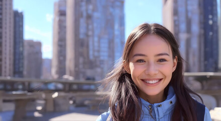 Fototapeta premium Smiling brunette woman enjoys city life, radiating happiness outdoors