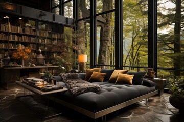 Dramatic interior design with bed ad sofa natural lighting - obrazy, fototapety, plakaty