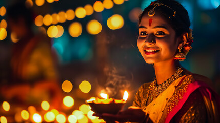 Indian woman in national clothes sari. Festive Diwali, Design lamp, golden lights.