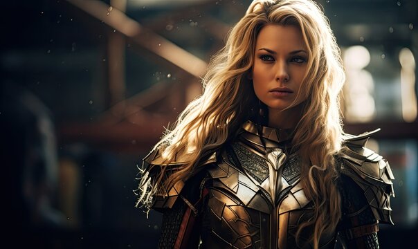 A beautiful blond hair woman warrior in shining armor