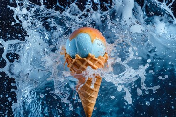An orange and blue ice cream cone floats in clear water, creating a vibrant and playful contrast