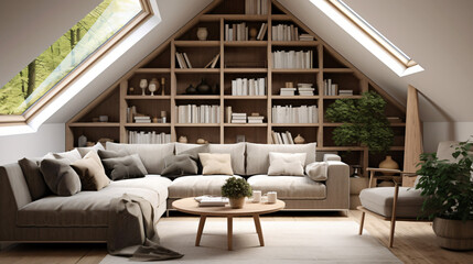 Corner sofa against shelving unit scandinavian home
