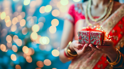 Indian woman holding gift box in hand on blur light background.