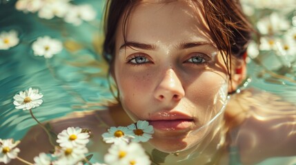 A woman gaze emerges among white daisies floating on water surface, sunlit and serene