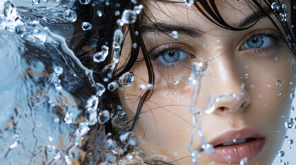 Intense gaze of a woman with water cascading over her face
