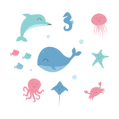 Set of underwater animals in flat kawaii style.
Whale, dolphin, seahorse, stingray, starfish, school of fish, jellyfish, octopus, crab.
Vector sea animals isolated on white backgroundeps 10.