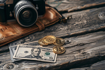 a camera and money on a table - obrazy, fototapety, plakaty