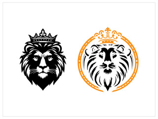 Collection of  engravings with lion head,Lion king vector illustration. head of angry roaring male animal with mane and royal crown,Hand drawn lion outline illustration,
