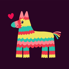 Funny colorful pinata horse character in flat style. Vector illustration isolate on purple background.