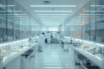 spacious and bright biotechnology laboratory, with high-end instruments, researchers at work.Science lab concept.