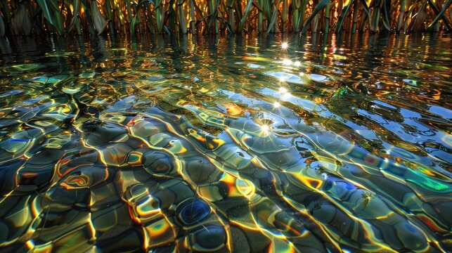 Tranquil Cornfield Lake: A Stained Glass Masterpiece by Louis Comfort Tiffany Captured in Sunlight Reflections and Rippling Water