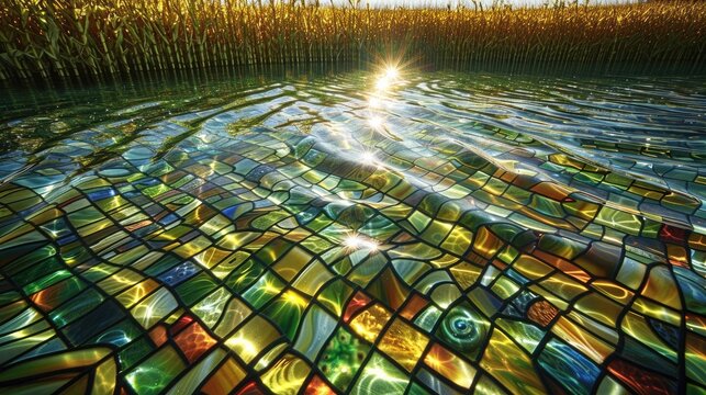 Tranquil Cornfield Lake: Stained Glass Art Reflections Mirroring Hidden Worlds Below
