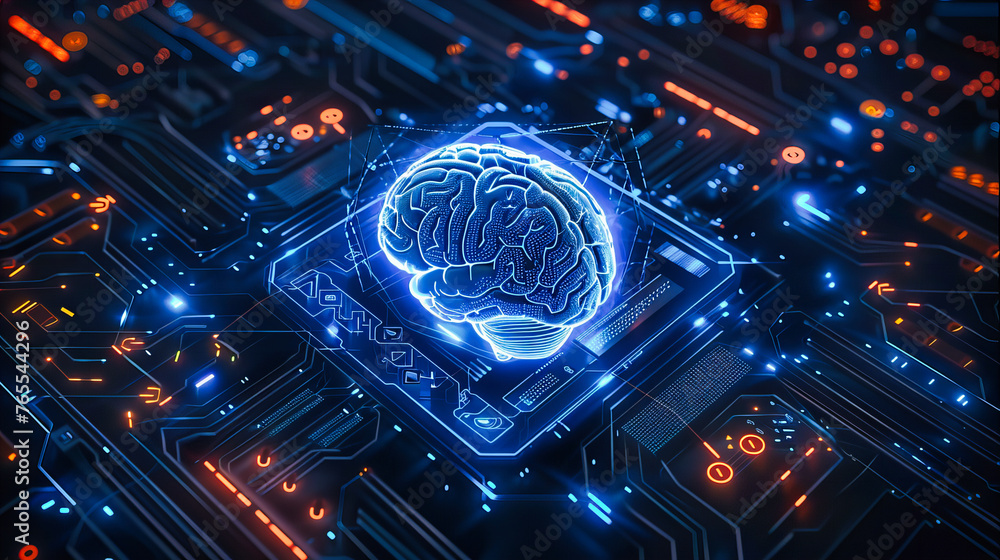 Aufkleber brain and technology network concept, merging artificial intelligence with human intelligence in a f
