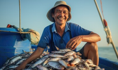 Happy asian fisherman with a lot of fishes on a fishing boat