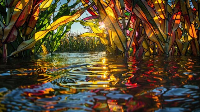 Tranquil Cornfield Lake: A Kaleidoscopic Stained Glass Art Masterpiece Reflecting the Rich Hues and Geometric Patterns of Louis Comfort Tiffany