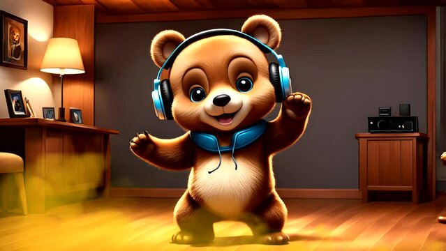 Cute bear cub listening music and dancing. Seamless looping time-lapse 4k video animation background