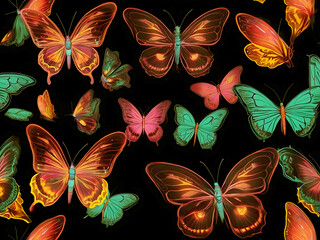 many glowing neon line butterfly in a black background, AI Generative