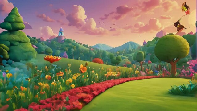 A bright and lively fantasy landscape featuring a meadow blooming with colorful flowers, round-pruned trees, and distant mountains and a castle.
