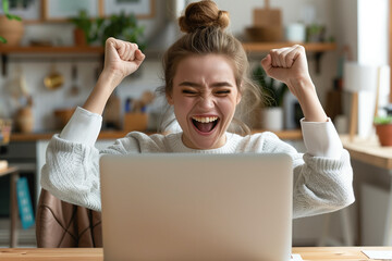 Excited happy caucasian woman feeling winner rejoicing online win got new job opportunity, overjoyed motivated mixed race girl student receive good test results on laptop celebrating admission. High