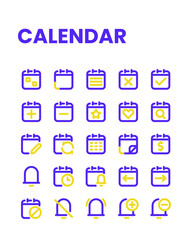 Calendar icon collection in dual color line style, including notification, plan, event, organization, reminder and more.