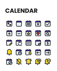 Calendar icon collection in colored outline style, including notification, plan, event, organization, reminder and more.