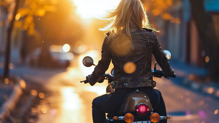 Young blonde looking model body girl riding motorcycle, back shot.