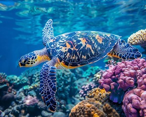 Obraz premium Hawksbill turtle on coral reef bright colors side angle dynamic underwater scene vivid marine life