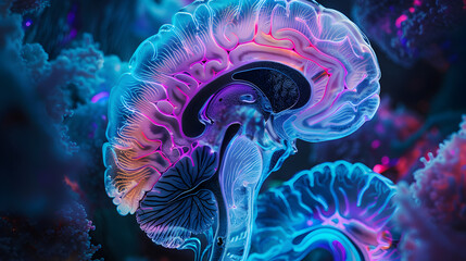 Abstract visualization of an MRI brain scan for a person with epilepsy, where the affected areas are illuminated in vibrant colors against a darker, contrasting background.