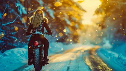 Foto auf Acrylglas Young blonde looking model body girl riding motorcycle, back shot. © leo_nik