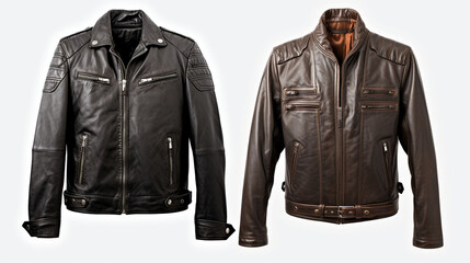 Naklejka premium shots of leather jackets for website display, capturing both front and back views against a white background сreated with Generative Ai