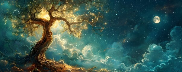 digital artwork depicts a sprawling fantastical tree with gnarled golden branches that seem to hold the moon