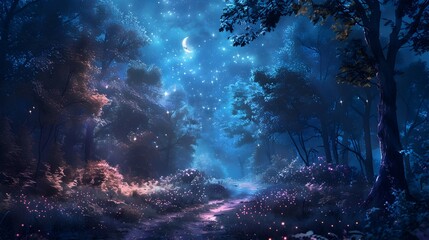 Fototapeta na wymiar Enchanting Moonlit Pathway Through Mystical Woodland Landscape with Celestial Ambiance
