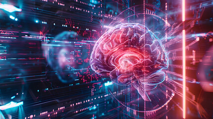 Creative illustration futuristic interpretation of epilepsy diagnosis, showing an MRI brain scan within a holographic display. - obrazy, fototapety, plakaty
