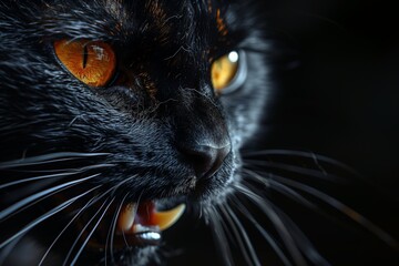 Closeup muzzle of an angry black cat or panther. Jaws full of fangs. Macro photography of evil wild...