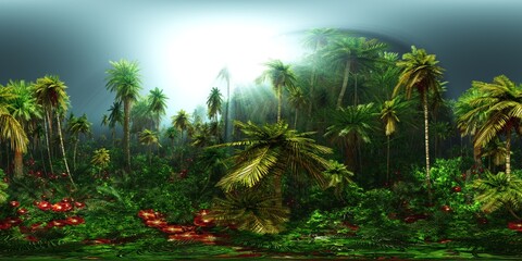 Jungle in the morning, HDRI, environment map , Round panorama, spherical panorama, equidistant projection, panorama 360, 3d rendering