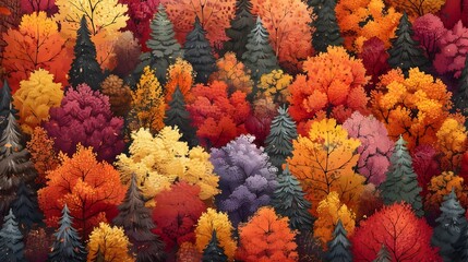 Fototapeta na wymiar Fiery Autumnal Tapestry of a Lush,Densely Forested Landscape in Vibrant Fall Colors