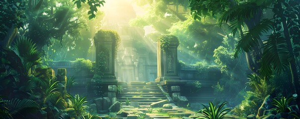 An Enchanting Overgrown Ruin Shrouded in Verdant Foliage and Ethereal Light