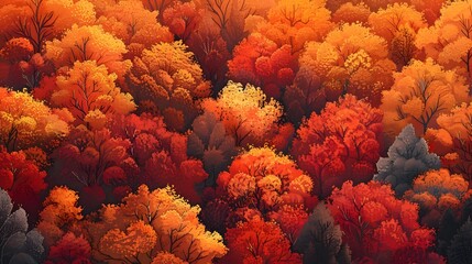 Vibrant Autumnal Forest Tapestry - A Breathtaking Overhead View of Nature's Fiery Seasonal Display - obrazy, fototapety, plakaty