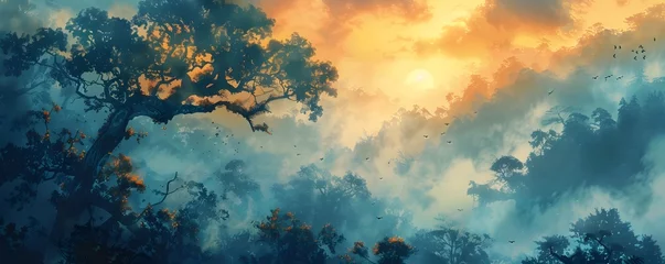 Fotobehang Mystical Dawn Mist Enveloping Lush Forest Awakening to Ethereal Light © Wuttichai