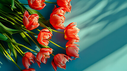 Tulips on a bright surface. Floral background with copy space for placing text.
