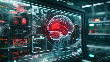 MRI brain scan displayed on a high-tech monitor, without annotations and digital markers highlighting red color the epilepsy characteristics. - obrazy, fototapety, plakaty