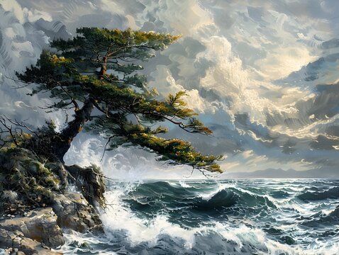 landscape painting depicts a resilient cypress tree clinging to a rugged cliff weathering the powerful coastal gales