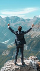 Businessman in a suit on top of a mountain celebrating his victory and success, conquers a challenging mountain peak, symbolizing determination, ambition
