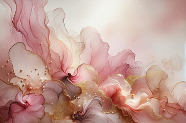 Abstract fluid flowing art by alcohol ink soft tone pink and gold with white copy space text. For banner, background in concept luxury, dreamy.