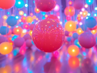 Capture the dynamic energy of levitating color-changing balls from a captivating worms-eye view Show the vibrancy and mood of the room 