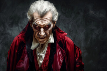 Classic Dracula in red suit, copy space of a terrifying old vampire with menacing and bloodthirsty gesture during Halloween night