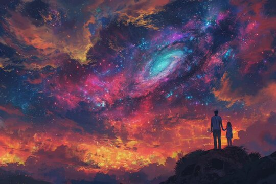 father and son looking through sky where stars and milk way moving around. Imagination and fair tale concept, moving background