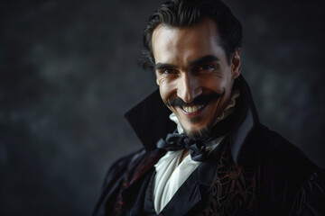 Obraz premium Dracula dashing and handsome, wicked grin of an elegant vampire of ancient aristocracy in a copy space for Halloween